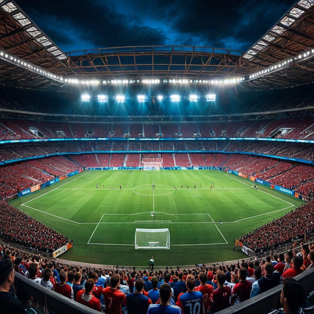 A vibrant soccer stadium under bright floodlights showcasing intense action, with players in mid-game, capturing the thrill of a match. In the foreground, a close-up of a soccer ball surrounded by iconic trophies and historical memorabilia, symbolizing the legacy of the sport. Set against a dynamic backdrop of fans cheering wildly, with banners and flags fluttering. The color palette should be lively and awe-inspiring, emphasizing the excitement of soccer. super-realistic. vibrant colors. stadium lights.