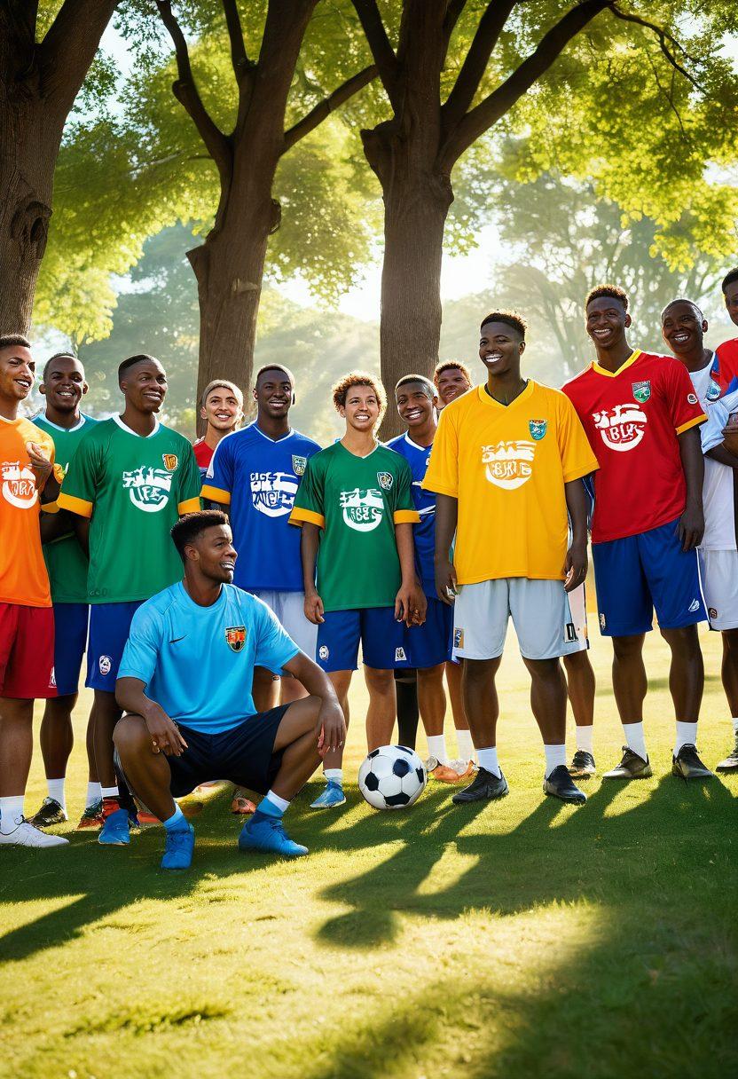 A diverse group of enthusiastic football fans gathered in a lively park setting, animatedly discussing their favorite teams and players. Colorful banners display various football club logos while a large screen shows highlights from recent matches. A few attendees hold footballs, and others wear jerseys, creating an atmosphere of excitement and unity. Sunlight filters through the trees, illuminating the vibrant scene. super-realistic. vibrant colors. dynamic composition.