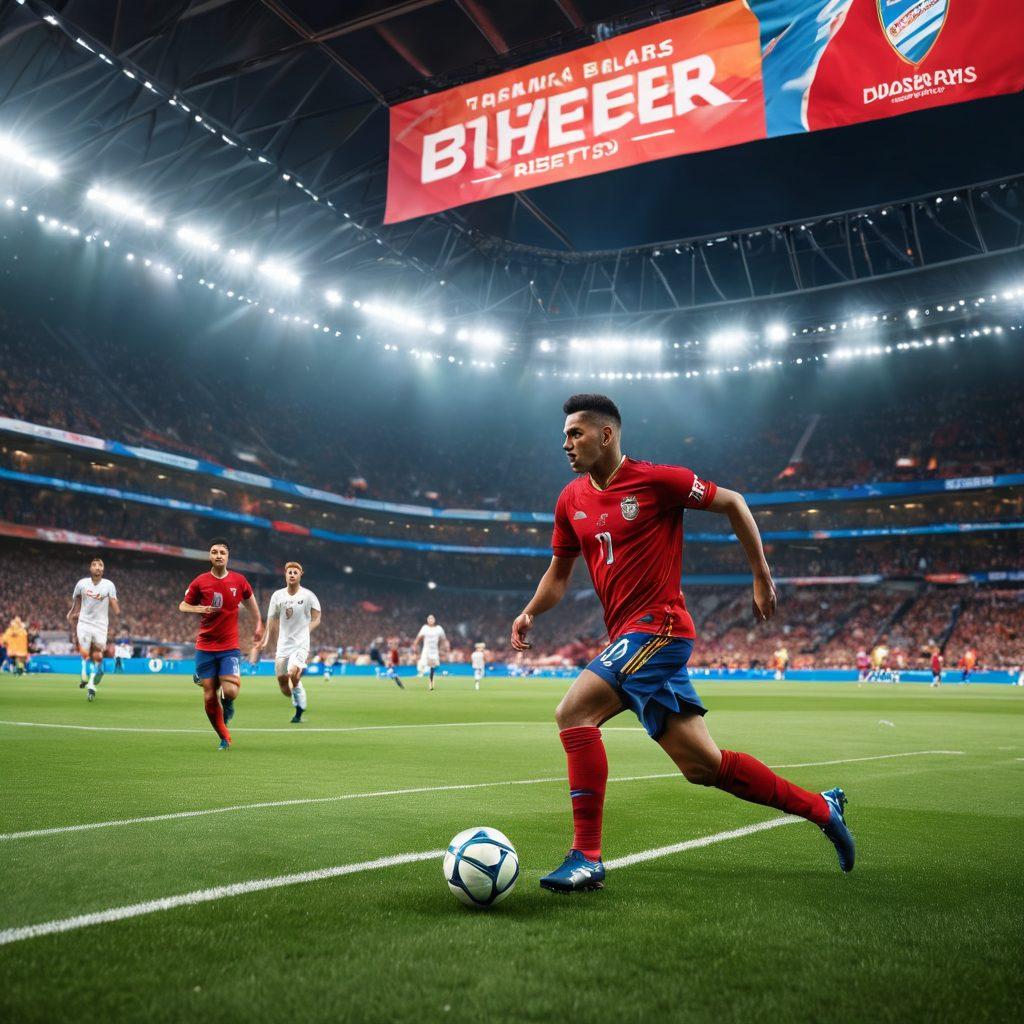 A dynamic football stadium filled with cheering fans, with a large screen displaying live scores and updates. Include a football player in action, surrounded by colorful team banners and vibrant lights illuminating the scene. Capture the excitement and passion of the game in rich detail. super-realistic. vibrant colors. 3D.